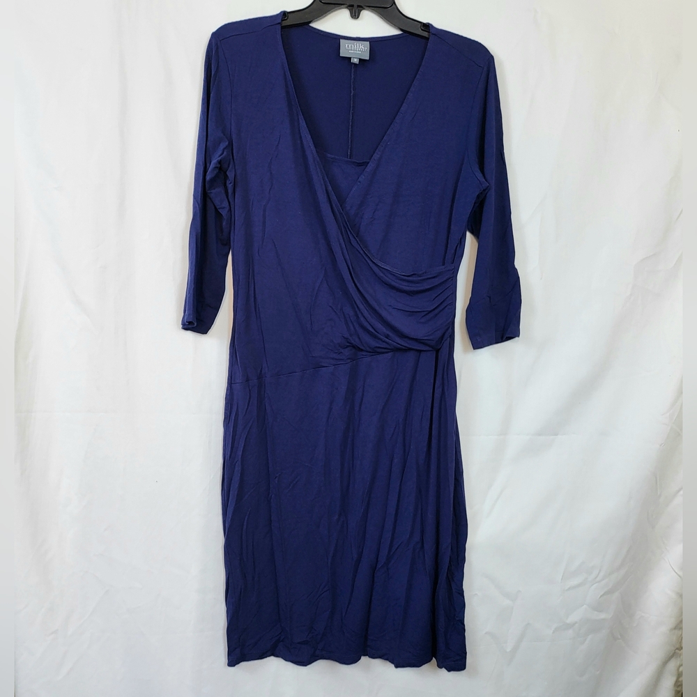 Milk Nursingwear Breastfeeding Blue Faux Wrap V-Neck 3/4 Sleeve Dress Size M